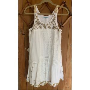 Leifnotes white gold beaded ruffled eyelet sleeveless dress